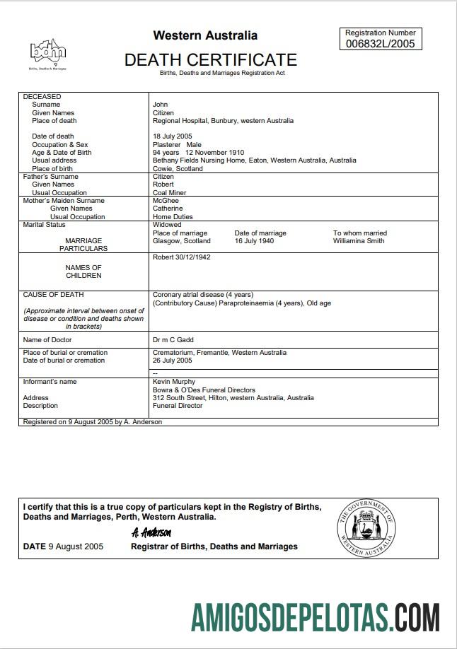 Imprimível modelo de certidão de óbito da Austrália Austrália Ocidental no Word